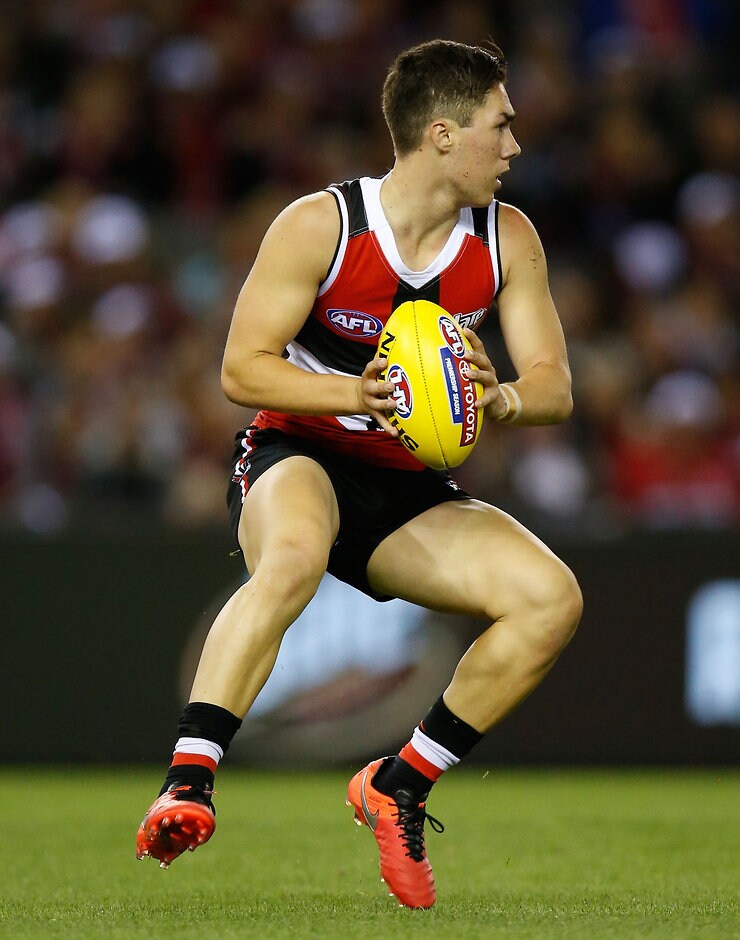 AFL 2016 Rd 02 - St Kilda v Western Bulldogs MELBOURNE, AUSTRALIA - APRIL 2: Jade Gresham of the Saints in action during the 2016 AFL Round 02 match between the St Kilda Saints and the Western Bulldogs at Etihad Stadium, Melbourne on April 2, 2016. (Photo by Michael Willson/AFL Media)